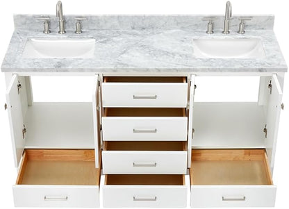 ARIEL Cambridge 66-inch Bathroom Vanity with Sink,Solid Wood, 1.5-inch Italian Carrara Marble Countertop, Double Rectangular Porcelain Sink, 4 Soft Closing Doors, 6 Dovetail Drawers, White