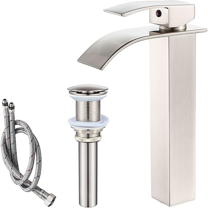 Stainless steel bathroom faucet set with hose and drain on a white background