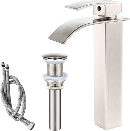 Stainless steel bathroom faucet set with hose and drain on a white background