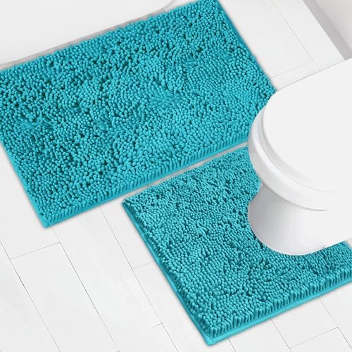 Bathroom Rugs Chenille Bath mat 2 Piece Set, Super Absorbent, Strong PVC Non Slip Backing, Bath mats for Bathroom, Plush Shaggy, Thick, Machine Washable, Bathtub, Toilet.(Turquoise)
