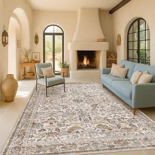 Moss 5x7 Living Room Area Rug, Vintage Washable Rug for Bedroom, Kitchen Table, Home Office, Oriental Brown Botanical Design, Low Pile Soft Carpet with Bird Pattern
