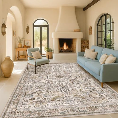 Floral 9x12 Large Area Rug for Living Room - Floral & Bird Soft Rugs for Bedroom,Non Slip Washable Carpet for Dining Room Under Table, Vintage Brown Taupe Indoor Décor, Low Pile Stain Resistant