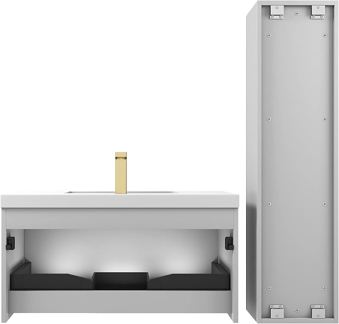 Blossom 36 Inch Bathroom Vanity with Sink and Side Cabinet, All Wood Floating Bathroom Vanity with Acrylic Sink, Bathroom Sink Cabinet with Soft-Close Drawer, Modern Style Vanities, Light Grey