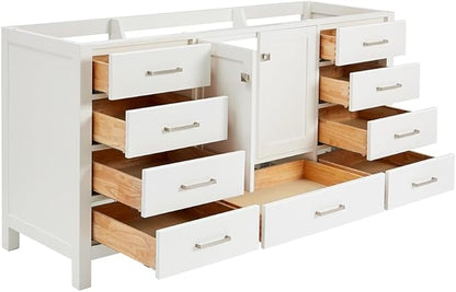 ARIEL Cambridge 66-inch Bathroom Vanity Base Cabinet,Solid Wood, 2 Soft Closing Doors, 9 Dovetail Drawers, White