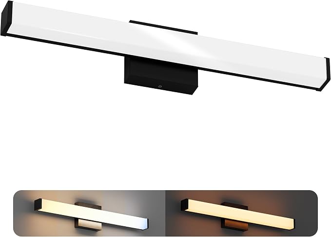 24 Inch Bathroom Vanity Light Fixtures with Night Light: Long Square Wall Mounted LED Lighting Bar Over Mirror with 5CCT & 2200K Color Changing, 120V, 1230-1350lm, ETL, Matte Black, 1 Pack