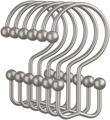 Amazer Matte Nickel Shower Curtain Hooks, 12PCS Minimalist Simple Double Shower Curtain Rings, Rust-Resistant Metal Shower Hooks Shower Curtain Hangers, Shower Rings for Bathroom Shower Rods Curtains