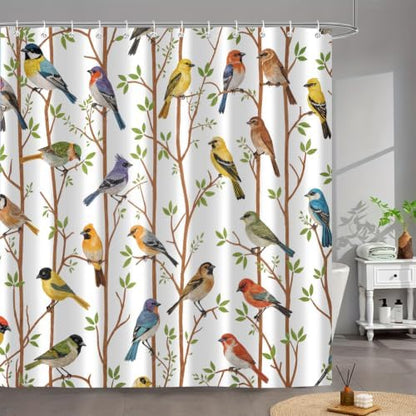 Moonslim Colorful Birds Shower Curtains, Woodland Green Leaves Trees Wildlife Vintage Spring Themed Shower Curtain Set, Fabric Bath Curtain for Bathroom Decor Waterproof Cloth with Hooks 72X84 Inch