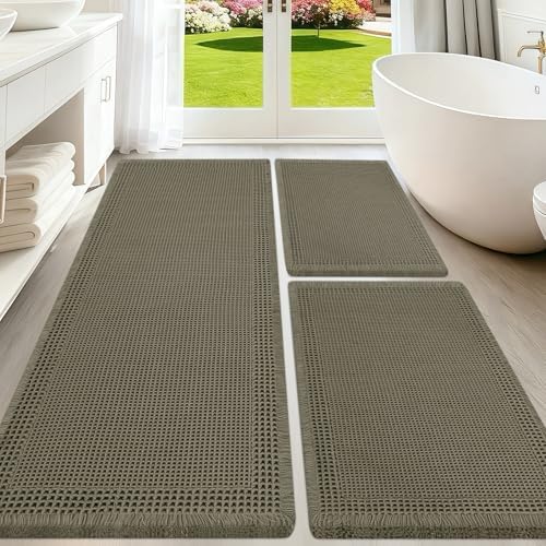 Upgraded Waffle Bath Mat Set 3 Piece Greyish Green-Bordered, Super Absorbent Non-Slip Quick Dry Bathroom Rugs with Tassels, Machine Washable Ultra Soft Boho Bath Rugs, Toilet Mats Boho Farmhouse Decor