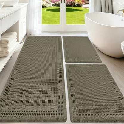 Upgraded Waffle Bath Mat Set 3 Piece Greyish Green-Bordered, Super Absorbent Non-Slip Quick Dry Bathroom Rugs with Tassels, Machine Washable Ultra Soft Boho Bath Rugs, Toilet Mats Boho Farmhouse Decor