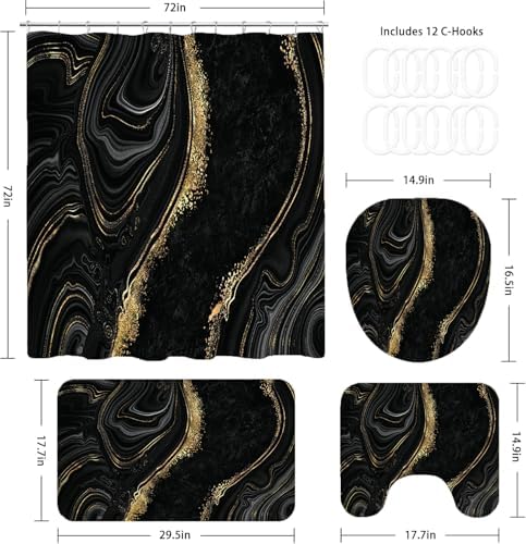 NBVKO 4Pcs Black Gold Marble Shower Curtain Sets with Rugs Bathroom Sets with Shower Curtain and Rugs Modern Abstract Bathroom Decor Accessories Shower Curtains for Bathroom Toilet Lid Cover