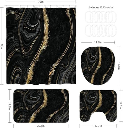 NBVKO 4Pcs Black Gold Marble Shower Curtain Sets with Rugs Bathroom Sets with Shower Curtain and Rugs Modern Abstract Bathroom Decor Accessories Shower Curtains for Bathroom Toilet Lid Cover