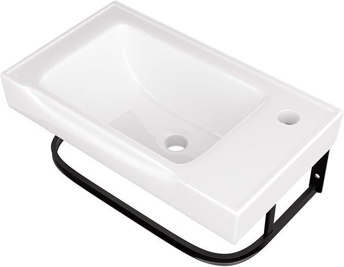 Logmey 19 Inch Wall Mount Bathroom Sink 19-1/2"x11" Rectangule Floating Sink White Porcelain Ceramic Wall Mounted Vessel Sink Wash Hand Basin with Bracket