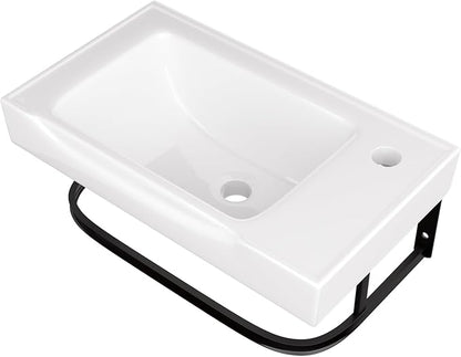 Logmey 19 Inch Wall Mount Bathroom Sink 19-1/2"x11" Rectangule Floating Sink White Porcelain Ceramic Wall Mounted Vessel Sink Wash Hand Basin with Bracket