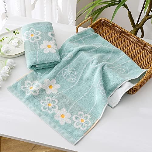 YiLUOMO Green Hand Towel Set of 2 Flower Pattern Highly Absorbent Quick Dry 100% Cotton Hand Towels for Bathroom, Hotels, Travel, Spa 13" X 29"