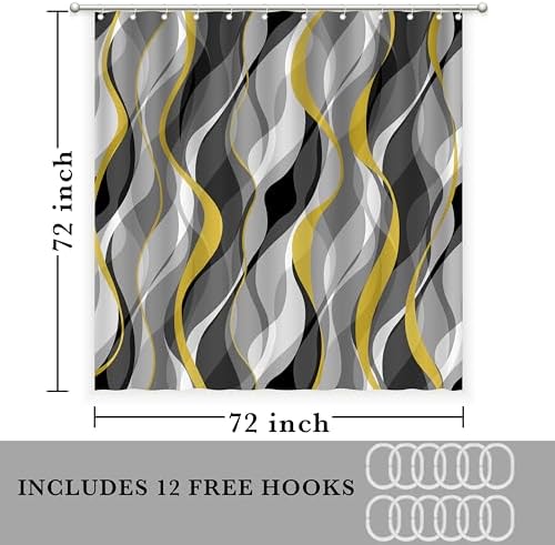 Yellow and Grey Shower Curtain for Bathroom Yellow and Black Shower Curtain Fabric Modern Abstract Striped Minimalist Bath Curtains Waterproof Shower Curtains Set, Black Gray Yellow, 72 x 72 Inch