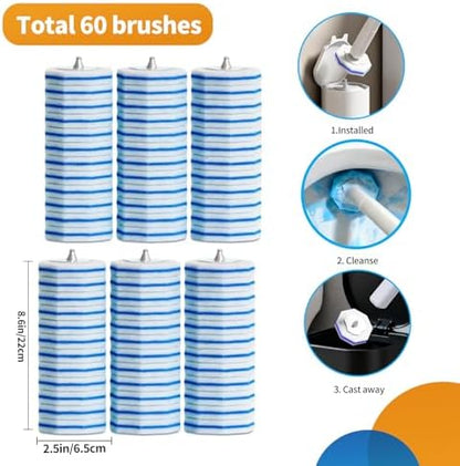 60pcs Disposable Toilet Brush Refill Pads, Replacement Brush Heads, Toilet Cleaner Refills，Disposable Wand Heads，Bathroom Cleaning，Toilet Cleaning Scrubbers Compatible with Most Toilet Brushes