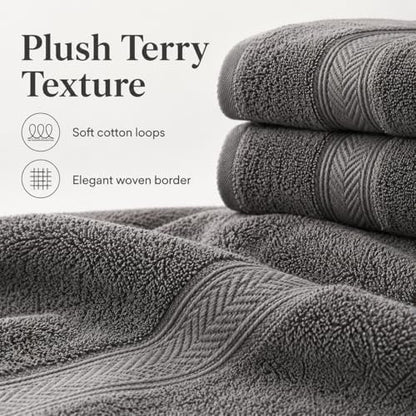 BIOLINEN Grey Towel Set 8 Piece Bathroom Set, 2 Bath Towels 2 Hand Towels 4 Washcloths, 100% Cotton Soft Absorbent Towel Sets for Bathroom, Gym, Spa