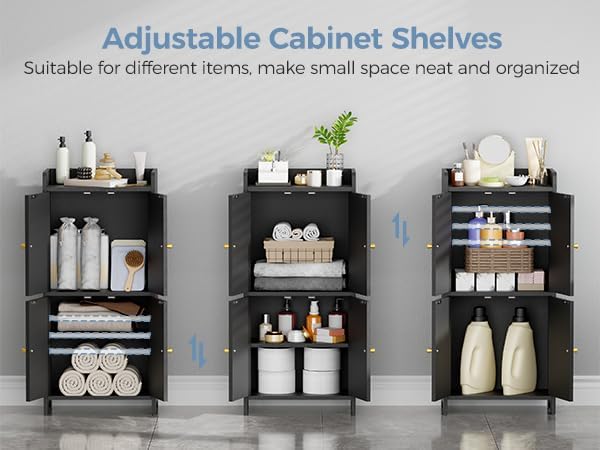 BEWISHOME Small Floor Cabinet,Toilet Paper Storage,Bathroom Storage Cabinet | with 4 Doors and Shelves, Bathroom Organizers and Storage for Small Spaces, Black 7.9" D x 14.6" W x 31" H YYG11B