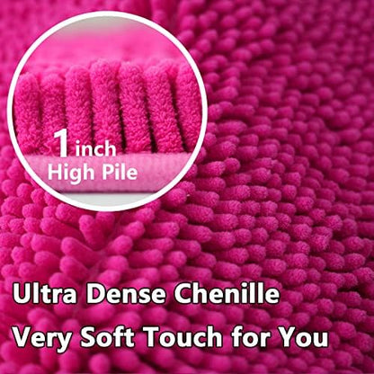 Bathroom Rugs Chenille 3-Piece Extra Soft and Absorbent Shag Bathroom Rugs, Machine Wash Mat, Strong PVC Non-Slip Underside, Plush Carpet Mats (Rose Red)