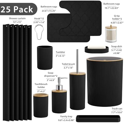 Bathroom Accessories Set Complete, Black Shower Curtain Set, 25PCS