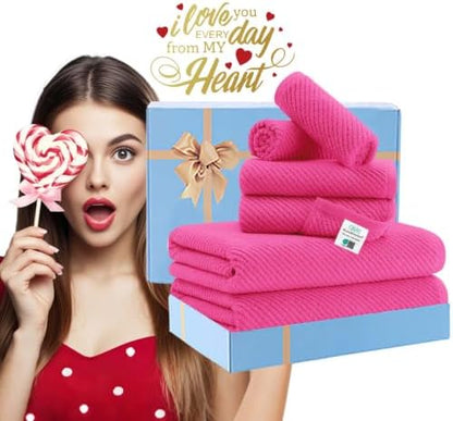 Hot Pink Towels - 100% Cotton, Soft, Quick Dry, Lightweight, Towel Set of 6, 2 Large Bath 30"x56", 2 Thick Hand 18"x28", 2 Absorb Washcloths 13"x13", Pink Bath Towel with Hanging Loop, Luxury Gift Set