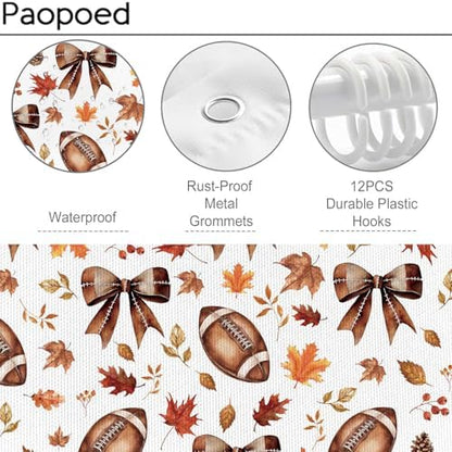 Fall Shower Curtain, Football Maple Leaves Bow Autumn Thanksgiving Funny Bathroom Decor, 72 x 72 Inch Polyester Fabric Waterproof Bathroom Curtain with 12 Hooks