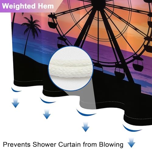 Romantic Gradient Purple Shower Curtain with 12 Hooks, Machine Washable Coastal Shower Curtain with Weighted Hem, Beach Ferris Wheel Design Waterproof Shower Curtains for Bathroom Decor, 72x72 Inch