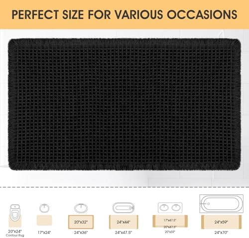 IM HOME Waffle Bath Mat Black 24"x17", Boho Woven Modern Bath Mat Rugs, Absorbent Non Slip Bathroom Rugs, Soft Washable Bath Rugs with Tassels for Bathroom, Bedroom, Kitchen, Shower, Tub
