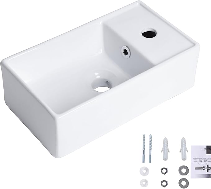 Small Wall Mount Bathroom Vessel Sink, QISHKA 15.6" X 8.6" Rectangular Floating Ceramic Wash Hand Basin- White Wall Hung Vanity Sink with Overflow for Small Bathroom (Right Hand)