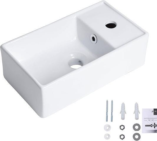 Small Wall Mount Bathroom Vessel Sink, QISHKA 15.6" X 8.6" Rectangular Floating Ceramic Wash Hand Basin- White Wall Hung Vanity Sink with Overflow for Small Bathroom (Right Hand)