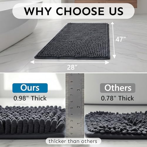 Secura Bathroom Rugs 47x28, Ultra Soft Chenille Bath Mat, Super Absorbent & Quick Dry Bathroom Mat, Non Slip Machine Washable Bath Rugs for Tub, Shower, Home Decor Accessories (Dark Gray)
