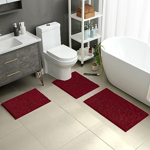 HOMEIDEAS Burgundy Chenille Bathroom Rugs Set of 3, Non Slip Bath Mat
