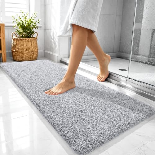 OLANLY Microfiber Bathroom Rugs 47x20, Quick Dry Bath Mat, Grey and White