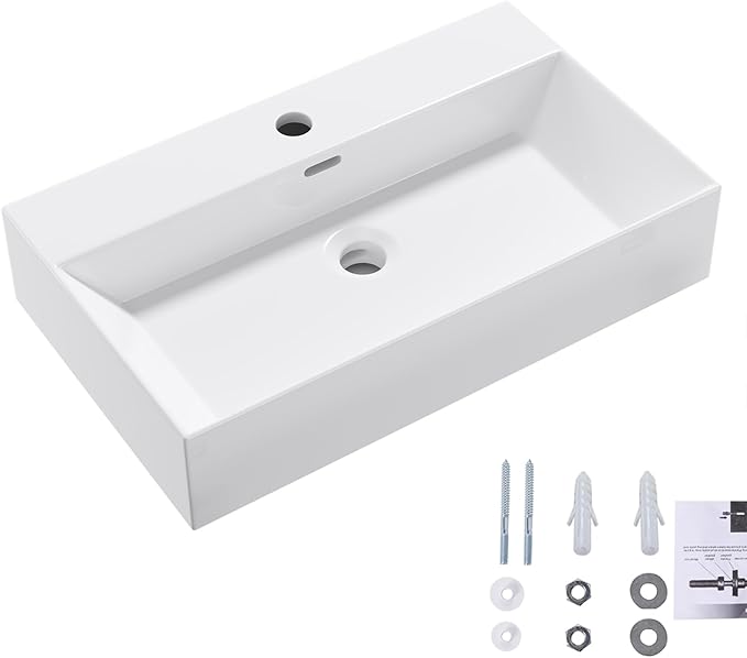 Wall Mount Rectangular Bathroom Sink, QISHKA 24"x14" Modern Ceramic Floating Vessel Sink, White Rectangle Vanity Sink with Overflow, Wall Hung Wash Hand Basin