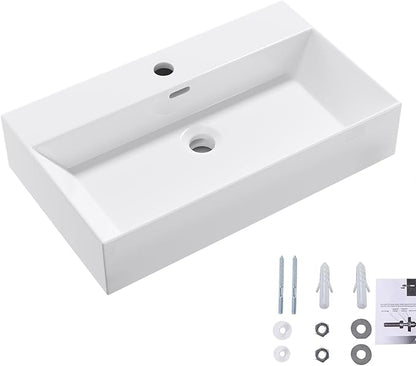 Wall Mount Rectangular Bathroom Sink, QISHKA 24"x14" Modern Ceramic Floating Vessel Sink, White Rectangle Vanity Sink with Overflow, Wall Hung Wash Hand Basin