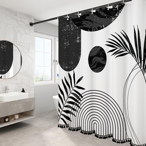 Boho Mid Century Leaf Shower Curtain Set,Arch Sun Design,Minimalistic Leaves Pattern,Waterproof and Luxurious Fabric-12 Hooks(Black-72" x 78")