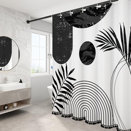 Boho Mid Century Leaf Shower Curtain Set,Arch Sun Design,Minimalistic Leaves Pattern,Waterproof and Luxurious Fabric-12 Hooks(Black-72" x 72")