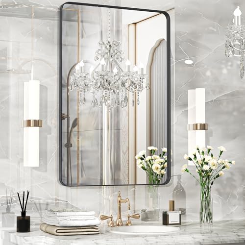 Fun Memories Black Bathroom Mirror, 24x36 Inch Bathroom Vanity Mirror, Metal Black Frame for Bathroom, Tempered Glass, Horizontally or Vertically