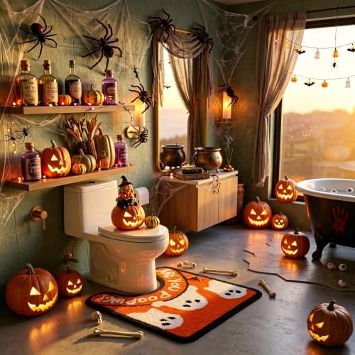 Orange Ghost Halloween Bathroom Rug, Fun U-Shaped Toilet Rug