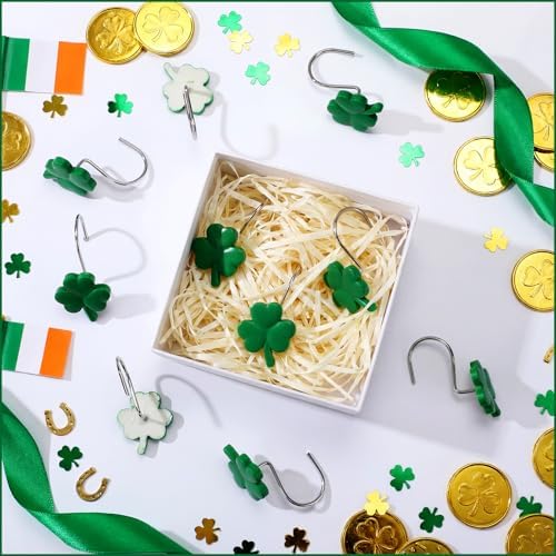 Thyle 12 Pcs St Patrick's Day Shamrock Shower Curtain Hooks, Green Shamrock Resin Ornament Rings Clover Shower Curtain Hooks Irish Decorative for Bathroom Bedroom Accessories