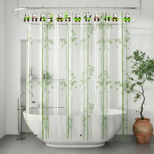 12Pcs Bamboo Panda Shower Curtain Hooks Decorative for Curtain Rods, Cute Animals Shower Curtain Rings, Silver Stainless Steel Metal Shower Curtain Hanger Hooks, Green Kids Bathroom Decor Accessories