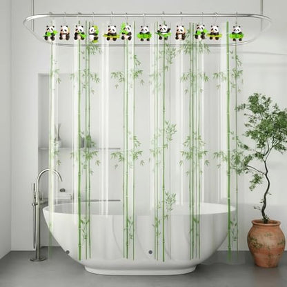 12Pcs Bamboo Panda Shower Curtain Hooks Decorative for Curtain Rods, Cute Animals Shower Curtain Rings, Silver Stainless Steel Metal Shower Curtain Hanger Hooks, Green Kids Bathroom Decor Accessories