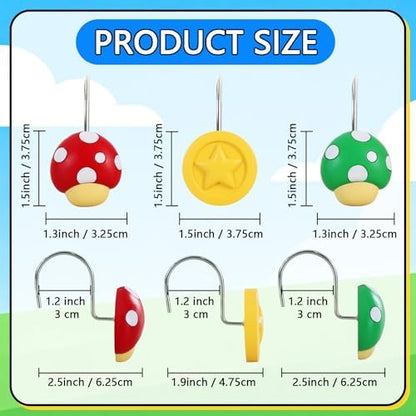12-Piece Mushroom Coin Shower Curtain Hooks for Bathroom