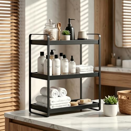 LEMIKKLE Bathroom Counter Organizer with Basket, Bathroom Organizers and Storage,Skincare Organizers for Vanity,Storage Organizers for Bathroom, Kitchen, Dresser (3-Tier Black Wood Rack)