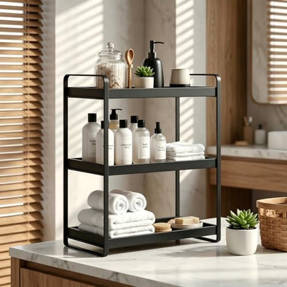 LEMIKKLE Bathroom Counter Organizer with Basket, Bathroom Organizers and Storage,Skincare Organizers for Vanity,Storage Organizers for Bathroom, Kitchen, Dresser (3-Tier Black Wood Rack)