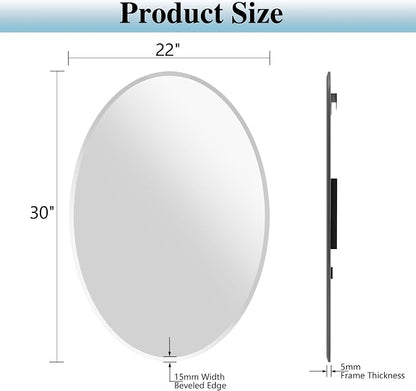 Frameless Oval Mirror, 22"x30" Oval Beveled Bathroom Mirrors | Frameless, 15mm beveled edge, 5mm HD glass, anti-rust, french cleat, horizontally or vertically, for bathroom/bedroom