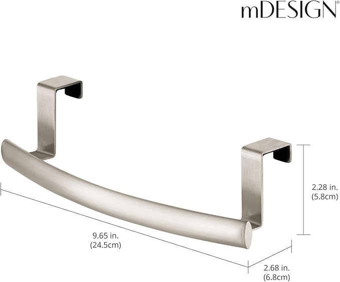 mDesign Steel Over Door Curved Towel Bar Storage, Hanger for Cabinet or Cupboard, Holder Rack for Kitchen, Bathroom - Holds Hand/Dish Towels, Washcloths - Spira Collection - 2 Pack - Satin