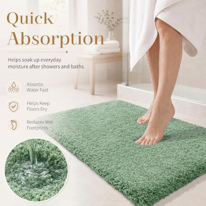 Yimobra Fluffy Plush Bath Rug, Super Shaggy Soft Comfortable Non Slip, Water Absorbent Microfiber Bath Mat, Dries Quickly, Machine Washable Thick Bathroom Rugs for Shower, 56" X 24", Pure Light Green