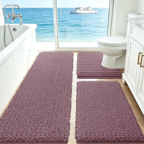 ACCUMTEK Upgrade Extra Large Mauve Bathroom Rug Set 3 Pieces Ultra Soft, Thick Absorbent Bath Mats, Non Slip Chenille Toilet Mat for Bathroom, Bedroom, Kitchen