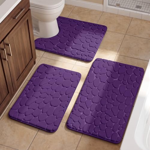 YIHOUSE Bathroom Rugs Mat Set, Memory Foam Bath Mat 3 Piece Purple